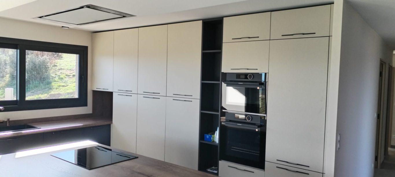 Conception et pose Cuisine moderne avec des armoires claires, four intégré et surface de travail minimaliste.