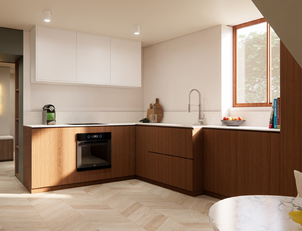 Cuisine moderne avec des meubles en bois et un plan de travail en marbre, éclairage naturel.