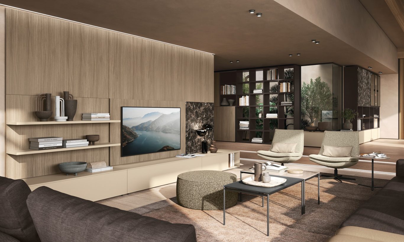 Concept séjour - living Salon moderne avec un canapé, une télévision murale et des fauteuils élégants.